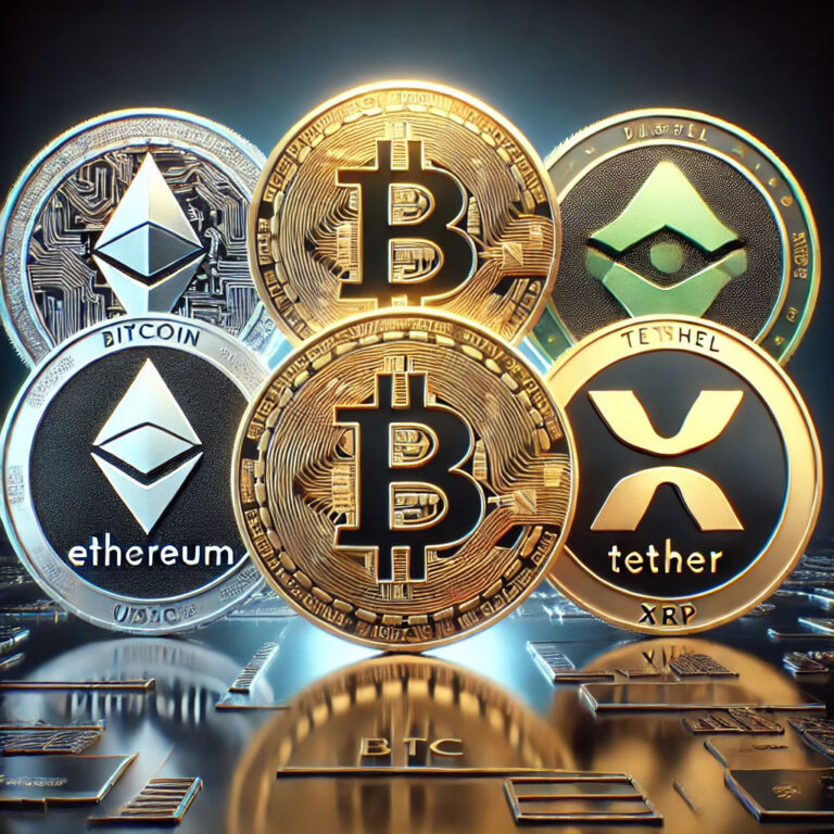 DALL·E 2024-12-07 18.02.46 - A photorealistic image representing the top 5 cryptocurrencies_ Bitcoin (BTC), Ethereum (ETH), Binance Coin (BNB), Tether (USDT), and XRP (Ripple). Ea