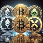 DALL·E 2024-12-07 18.02.46 - A photorealistic image representing the top 5 cryptocurrencies_ Bitcoin (BTC), Ethereum (ETH), Binance Coin (BNB), Tether (USDT), and XRP (Ripple). Ea