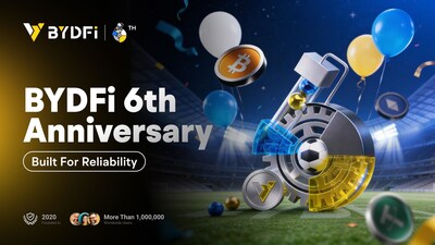 BYDFi celebrates its 6th anniversary with a month-long celebration themed "Built for Reliability," featuring a football stadium backdrop, crypto tokens, and a cannon with a soccer ball, symbolizing the platform's partnership with Newcastle United and its global reach of over 1 million users